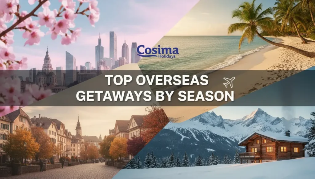 Cosima Holidays cover image titled "Top Overseas Getaways by Season," featuring a premium seasonal collage of spring blossoms, tropical summer beaches, autumn European streets, and winter snowy mountains, optimized for Indian travelers seeking international tours.