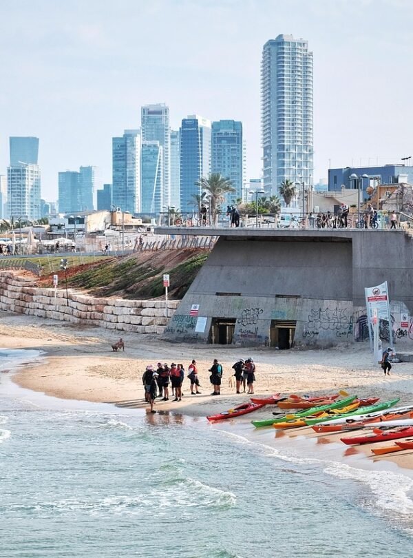 tel aviv, city, beach, coast, sea, kayaks, buildings, scenery, nature, israel