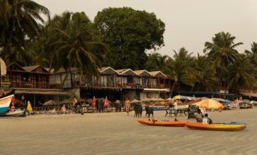 Relaxing beachfront with colorful kayaks, palm trees, and vibrant outdoor seating in tropical setting.
