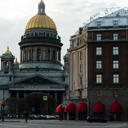 St. Isaac's Cathedral and Hotel Astoria captured in the heart of St. Petersburg, Russia.