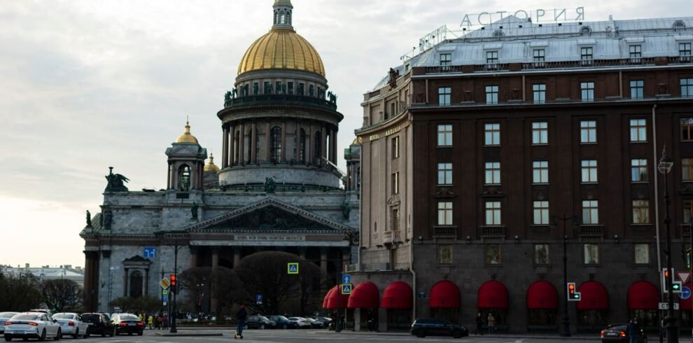 St. Isaac's Cathedral and Hotel Astoria captured in the heart of St. Petersburg, Russia.
