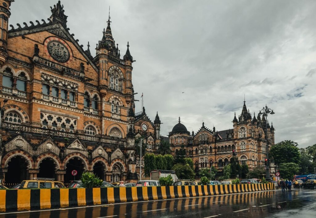 Rainy day view of Chhatrapati Shivaji Terminus, a UNESCO World Heritage Site in Mumbai, India.