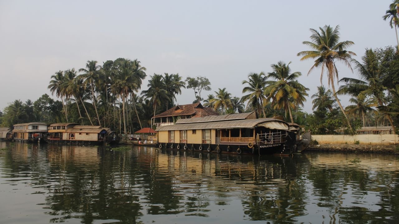 Tranquil Kerala backwaters with houseboats and palm trees at sunrise.