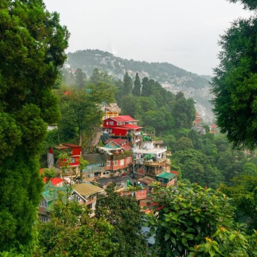 Charming hill houses nestled in lush greenery in Darjeeling, West Bengal during monsoon.