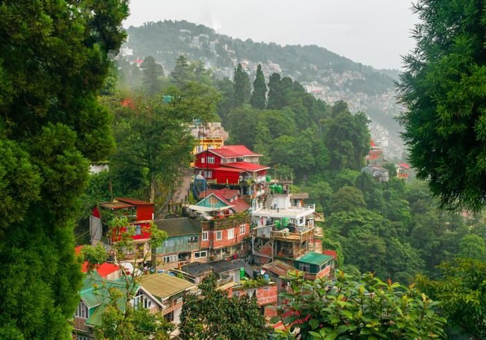 Charming hill houses nestled in lush greenery in Darjeeling, West Bengal during monsoon.
