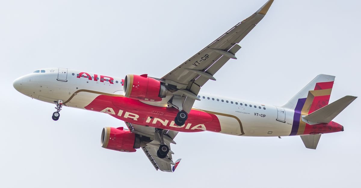 Side view of Air India airplane flying against a clear sky. Captured in detail, showcasing wings and engines.
