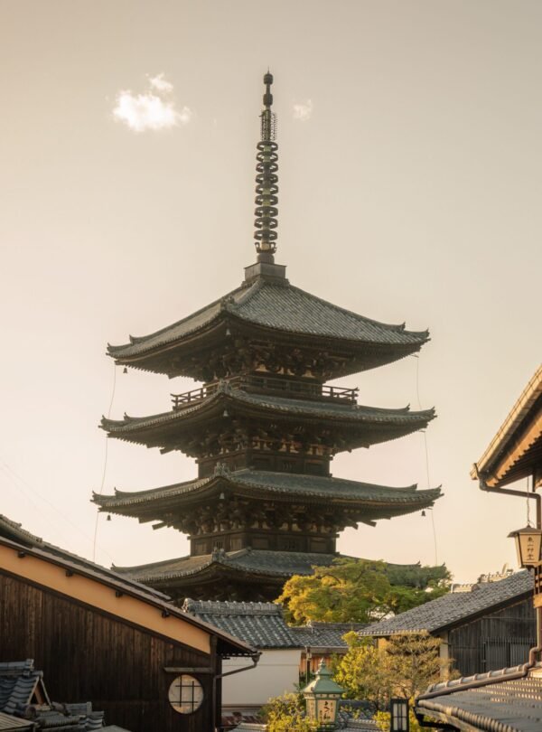 Scenic view of Yasaka Pagoda surrounded by traditional Kyoto architecture at sunset.