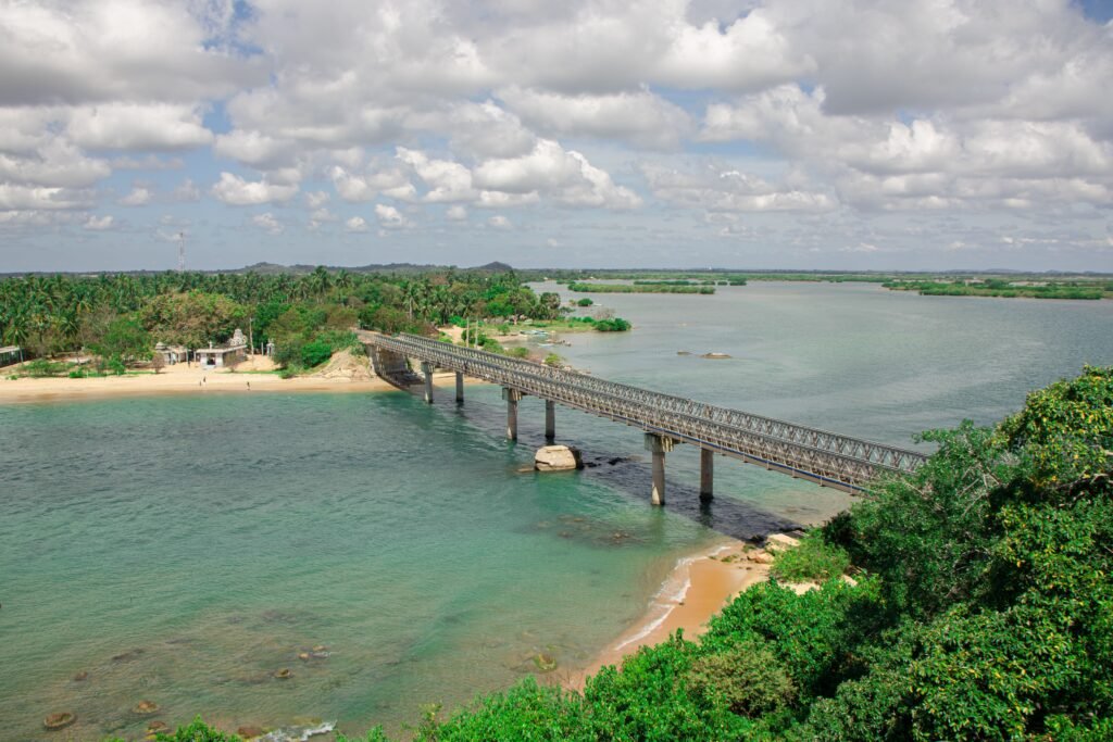 A scenic aerial view of a bridge over lush landscapes in Thoppur, Sri Lanka.