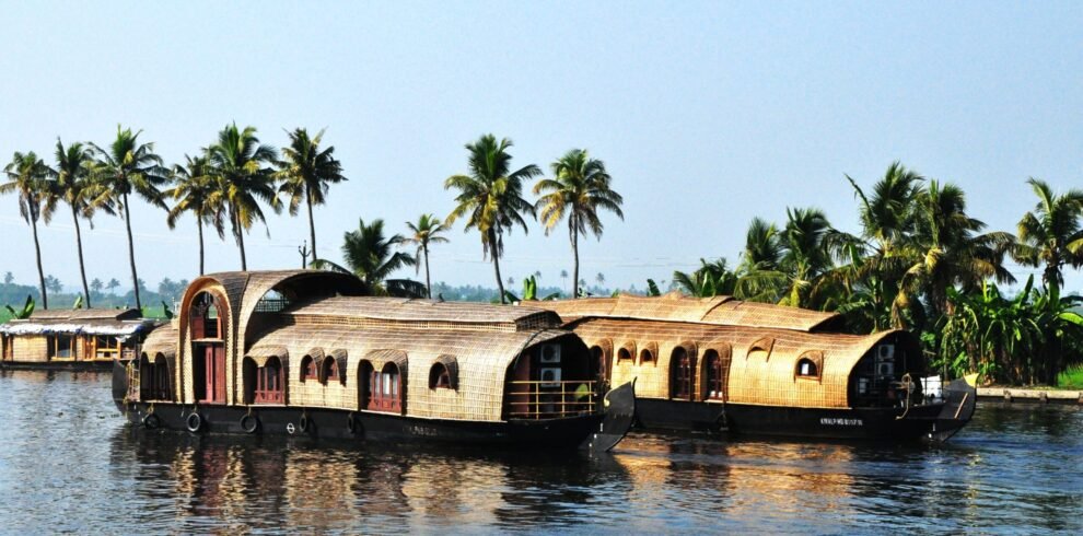 Traditional houseboats on Kerala's tranquil backwaters surrounded by palm trees.