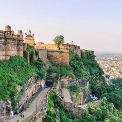 Majestic view of Gwalior Fort in India, showcasing historic architecture and lush landscape.